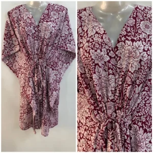 Maroon Shade White Flower Leafy Print Mid-Length Cotton Maternity Kaftan Dress