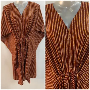 Dark Brown Shade Lining Print Mid-Length Cotton Maternity Kaftan Dress