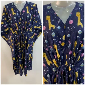 Navy Blue Shade Yellow Giraffe Print Mid-Length Cotton Maternity Kaftan Dress