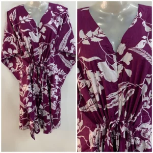 Purple Pansy Flower Print Mid-Length Cotton Maternity Kaftan Dress