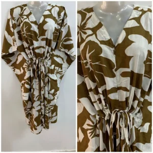Brown Shade Big Flower Garden Print Mid-Length Cotton Maternity Kaftan Dress