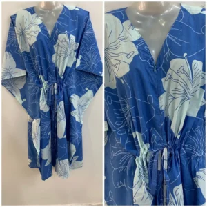 Blue Shade Big Hibiscus Flower Print Mid-Length Cotton Maternity Kaftan Dress