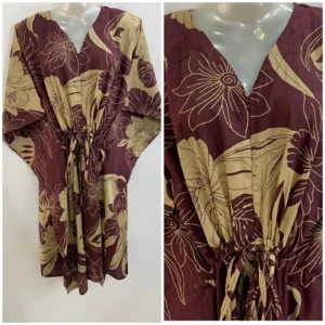 Plum Shade Big Hibiscus Leafy Print Mid-Length Cotton Maternity Kaftan Dress