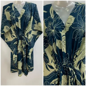 Dark Blue Shade Big Hibiscus Leafy Print Mid-Length Cotton Maternity Kaftan Dress