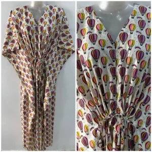 Off White Yellow-Purple Air Balloon Print Cotton Maternity Kaftan