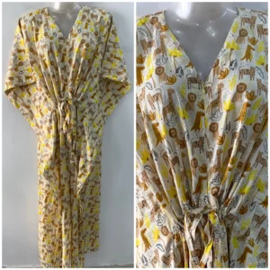 Off White Shade Yellow-Brown Animal Print Cotton Maternity Kaftan