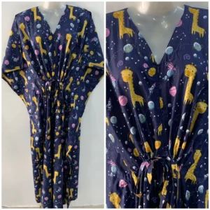 Navy Blue Shade Yellow Cute Giraffe Print Cotton Maternity Kaftan