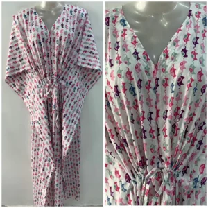 White Shade Pink-Purple Small Elephant Print Cotton Maternity Kaftan