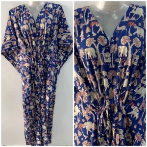 Rin Blue Shade Camel-Deer Print Cotton Maternity Kaftan