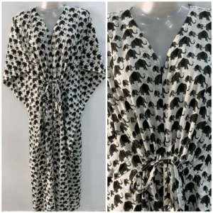 Off White Shade Black Elephant Print Cotton Maternity Kaftan