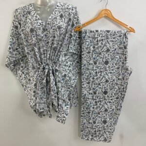 White shade Grey small flower Jungle Print Cotton Maternity Kaftan Co-Ord Set
