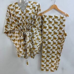 White shade Yellow Dino Print Cotton Maternity Kaftan Co-Ord Set