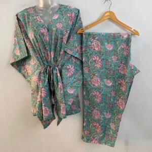 Light Seagreen shade Pink Flower Garden Print Cotton Maternity Kaftan Co-Ord Set