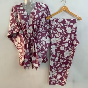 Purple shade white orchid flower Print Cotton Maternity Kaftan Co-Ord Set
