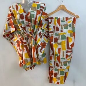 Brown-Yellow Abstract Square Print Cotton Maternity Kaftan Co-Ord Set