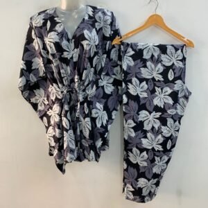 Black shade Grey-White Maple Leafy Print Cotton Maternity Kaftan Co-Ord Set