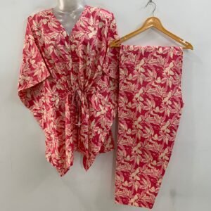 Pink shade White Petal Print Cotton Maternity Kaftan Co-Ord Set
