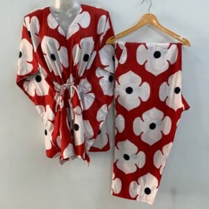 Red Shade Four Petal Flower Print Cotton Maternity Kaftan Co-Ord Set
