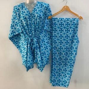 Blue shade Dotted Flower Print Cotton Maternity Kaftan Co-Ord Set