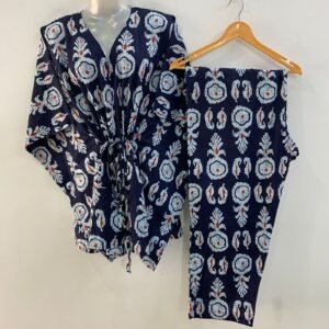 Dark Blue shade Floral Ikkat Print Cotton Maternity Kaftan Co-Ord Set