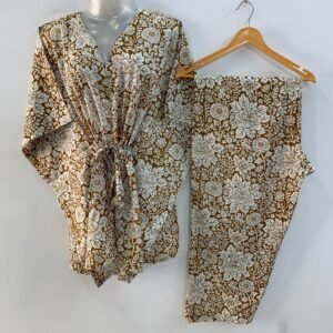 Brown Shade Big Flower Leafy Print Cotton Maternity Kaftan Co-Ord Set