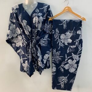 Dark Blue shade Pumpkin Flower Print Cotton Maternity Kaftan Co-Ord Set