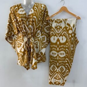 Mustard Yellow Dotted Big Ikkat Print Cotton Maternity Kaftan Co-Ord Set