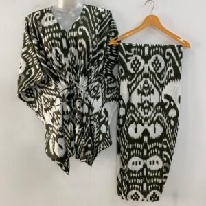Dark Olive Green shade Dotted Big Ikkat Print Cotton Maternity Kaftan Co-Ord Set