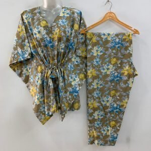 Slate Brown shade Blue-Yellow Morning Glory Print Cotton Maternity Kaftan Co-Ord Set