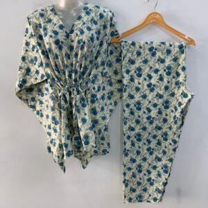 Cream shade Small Blue Roses Print Cotton Maternity Kaftan Co-Ord Set