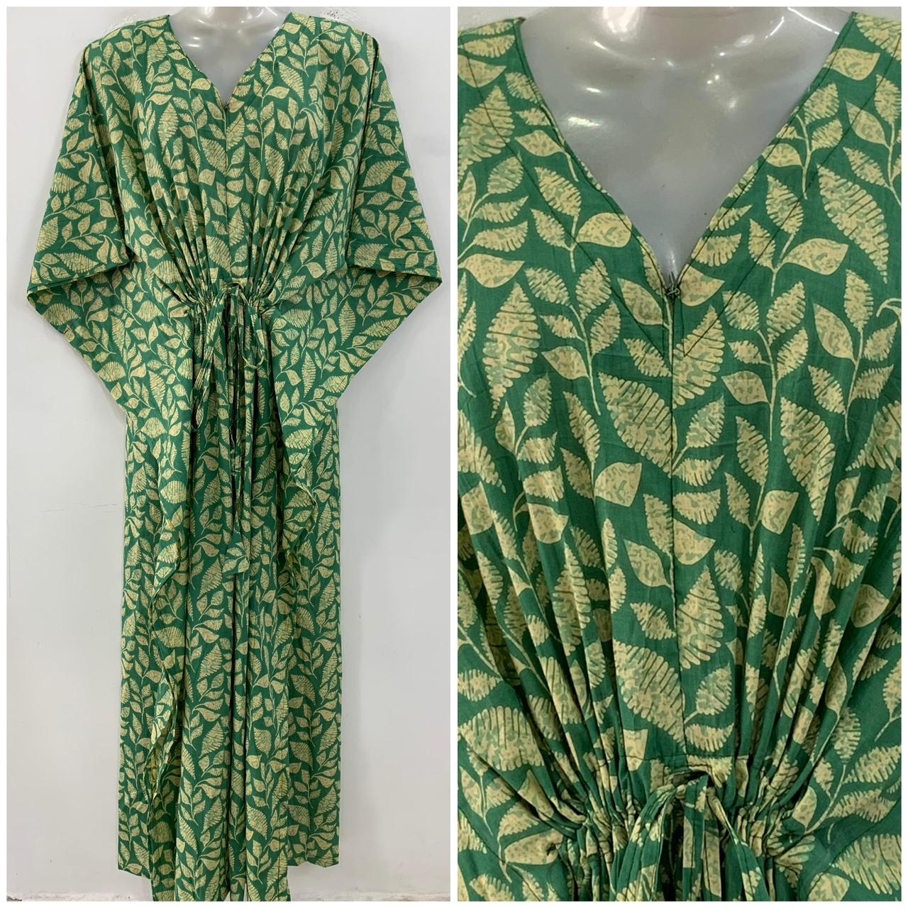 Fresh Matt Green shade Leafy Bale Print Cotton Maternity Kaftan