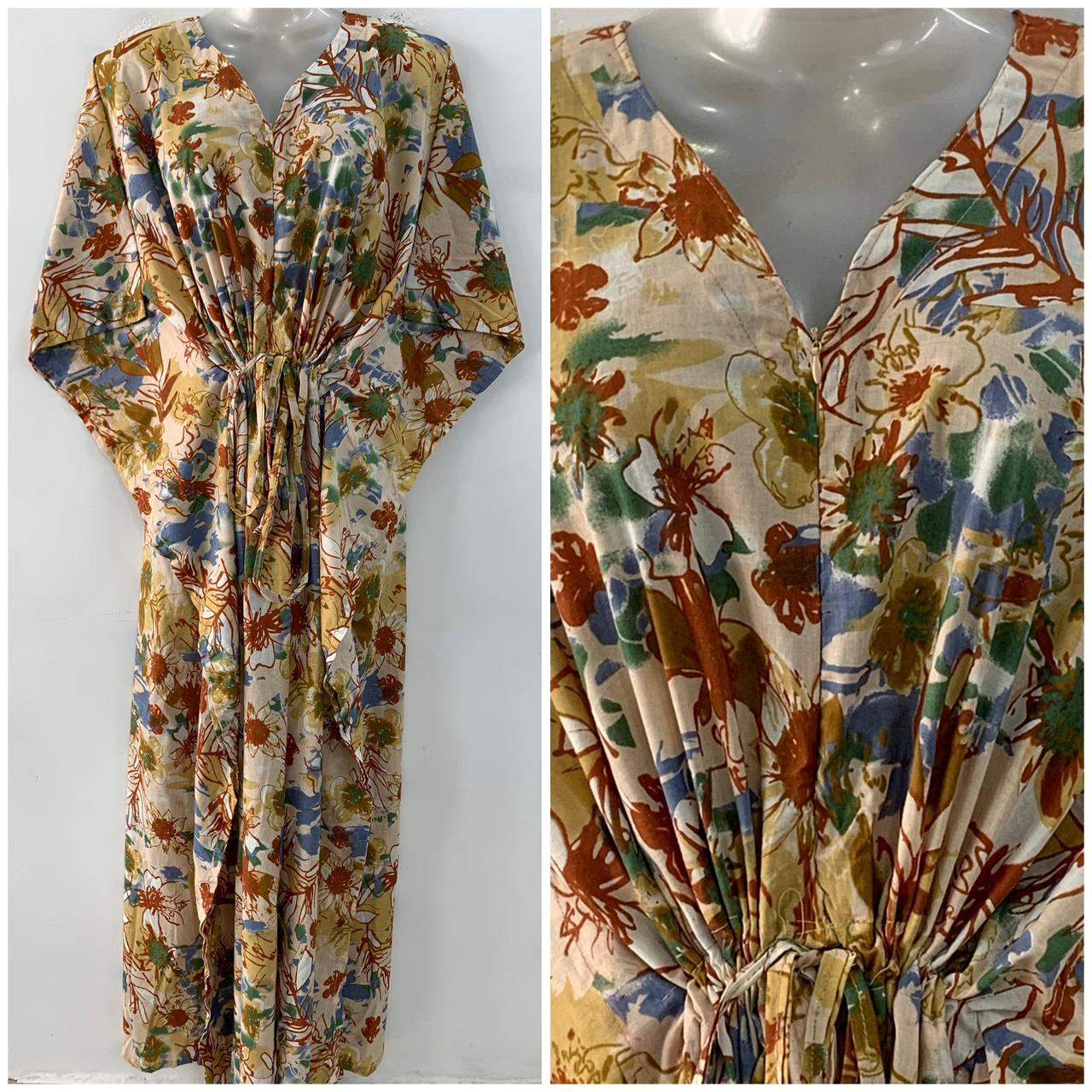 Brown-Green Abstract Painted Print Cotton Maternity Kaftan