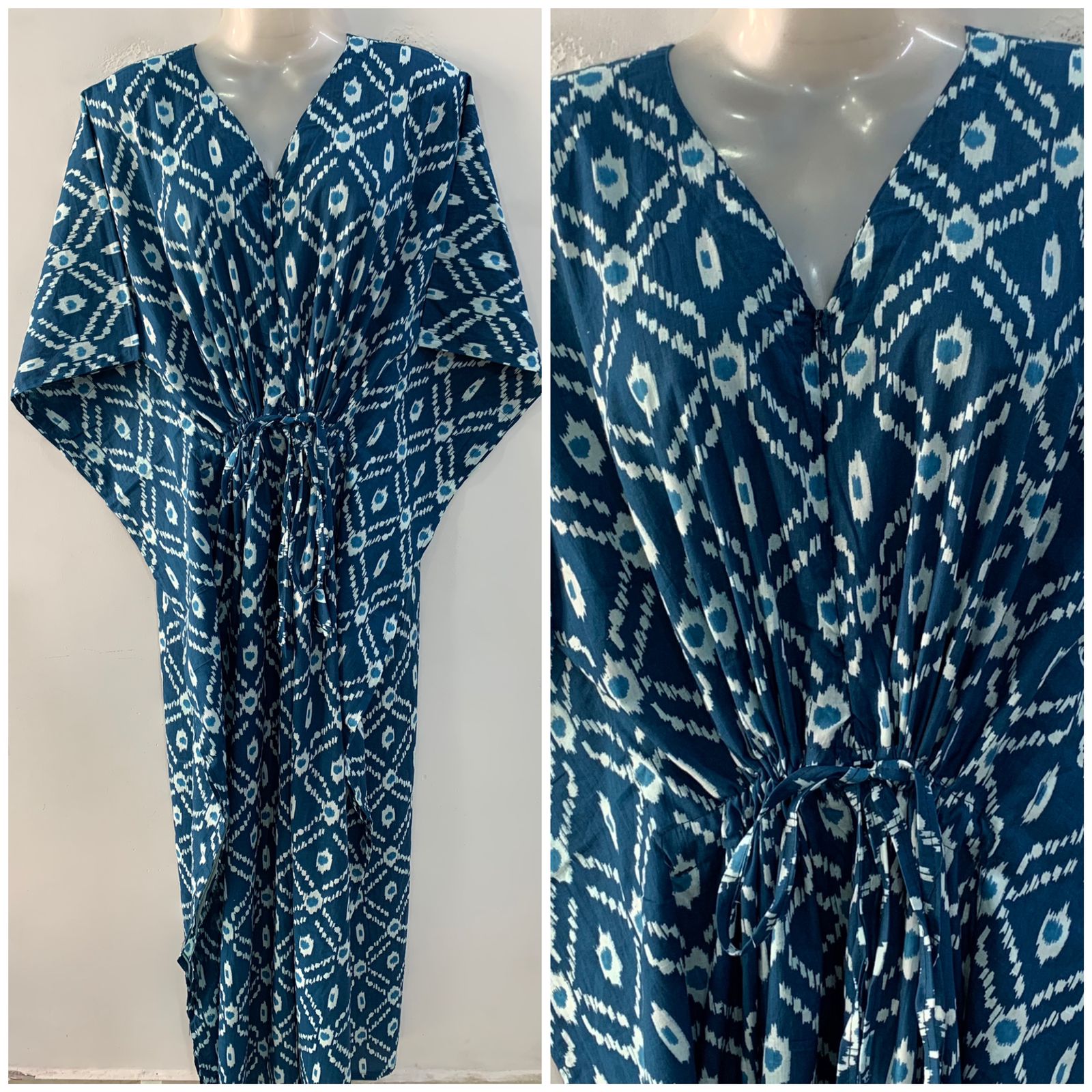 Teal Blue Criss-Cross Ikkat Print Cotton Maternity Kaftan
