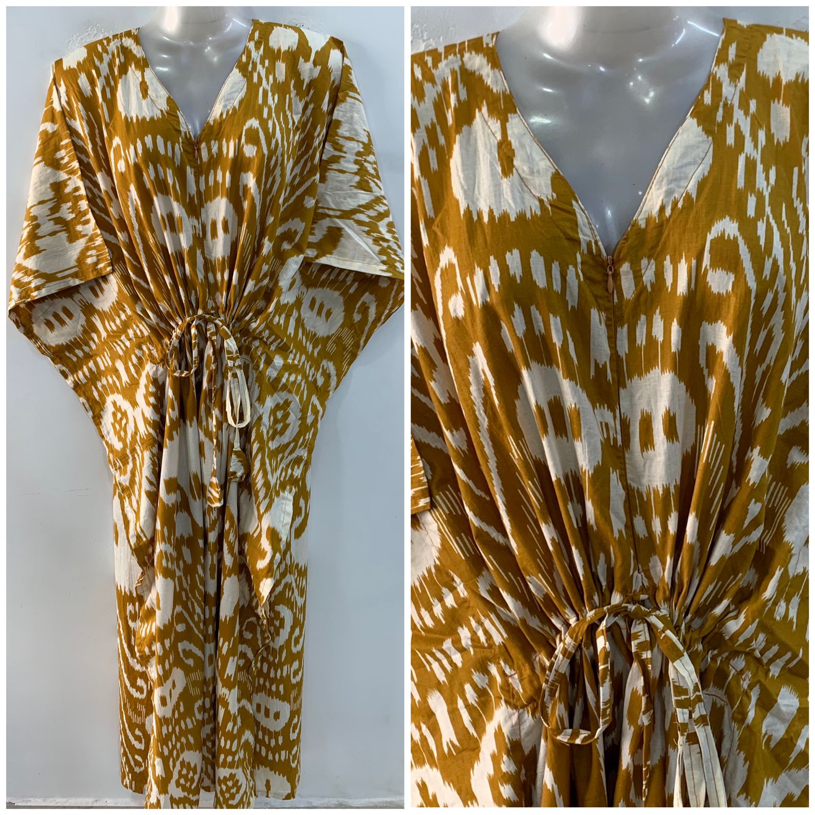 Mustard Brown shade Dotted Design Ikkat Print Cotton Maternity Nursing Kaftan