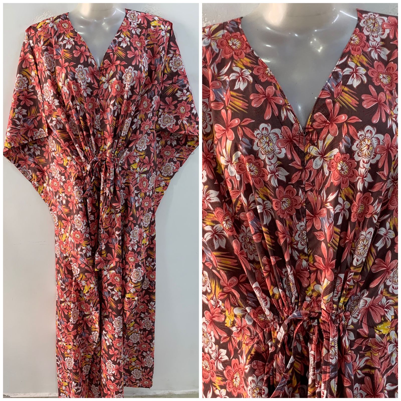 Brown shade Red Jasmine Flower Print Cotton Maternity Kaftan