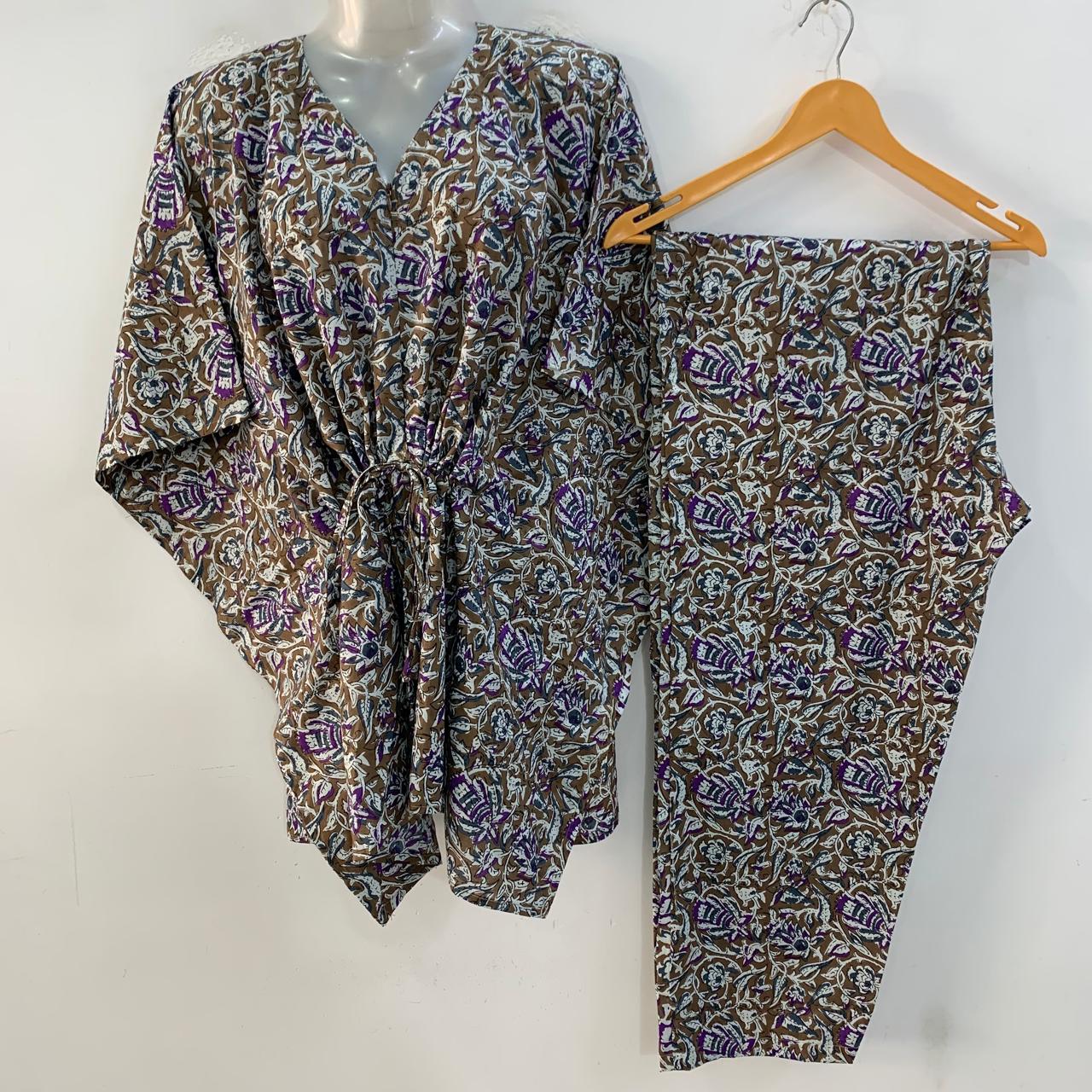 Brown Shade Purple Kalamkari Print Cotton Maternity Kaftan Co-Ord Set