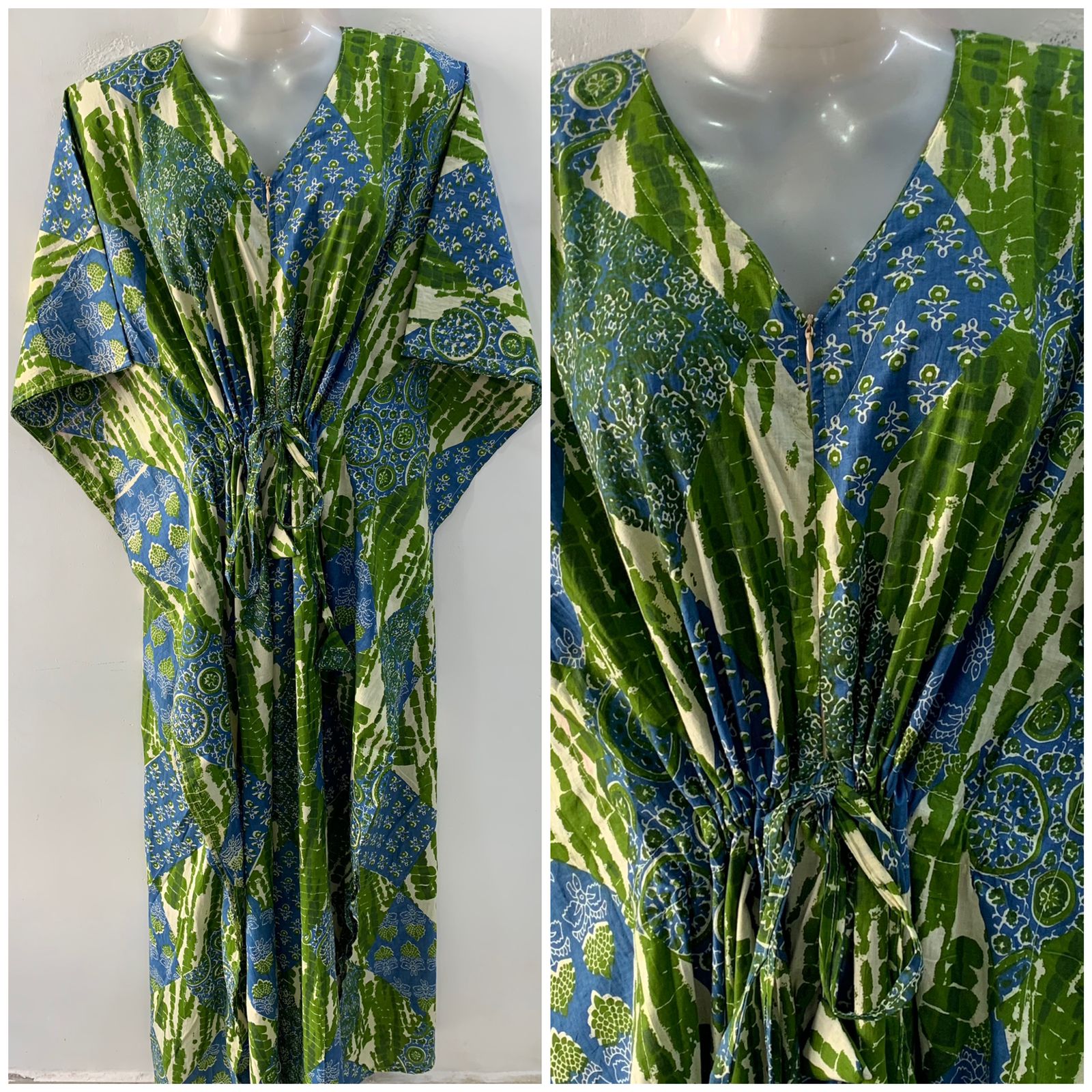 Green-Blue Shaded Ikkat Print Cotton Maternity Kaftan