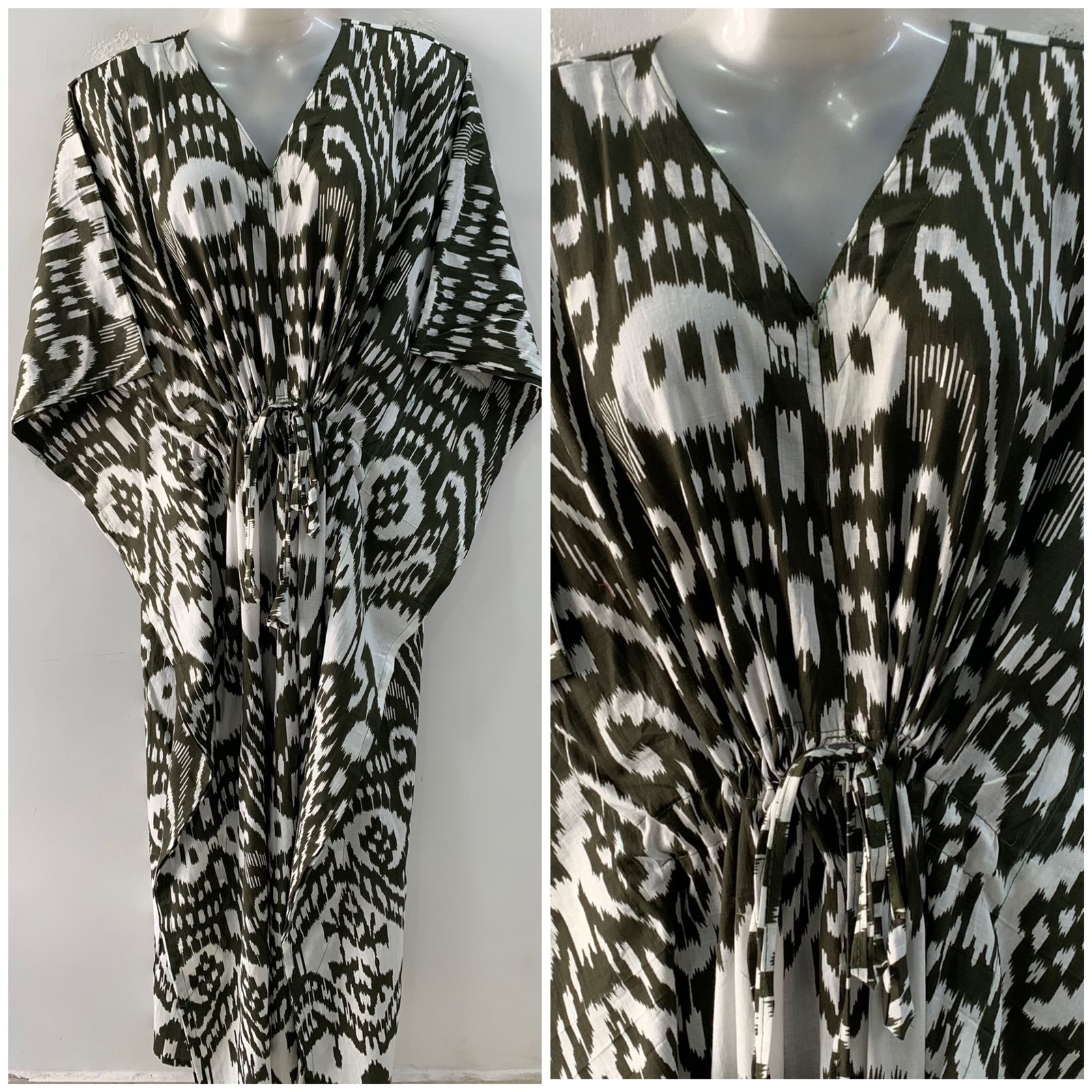 Olive Green Dotted Big Ikkat Print Cotton Maternity Kaftan