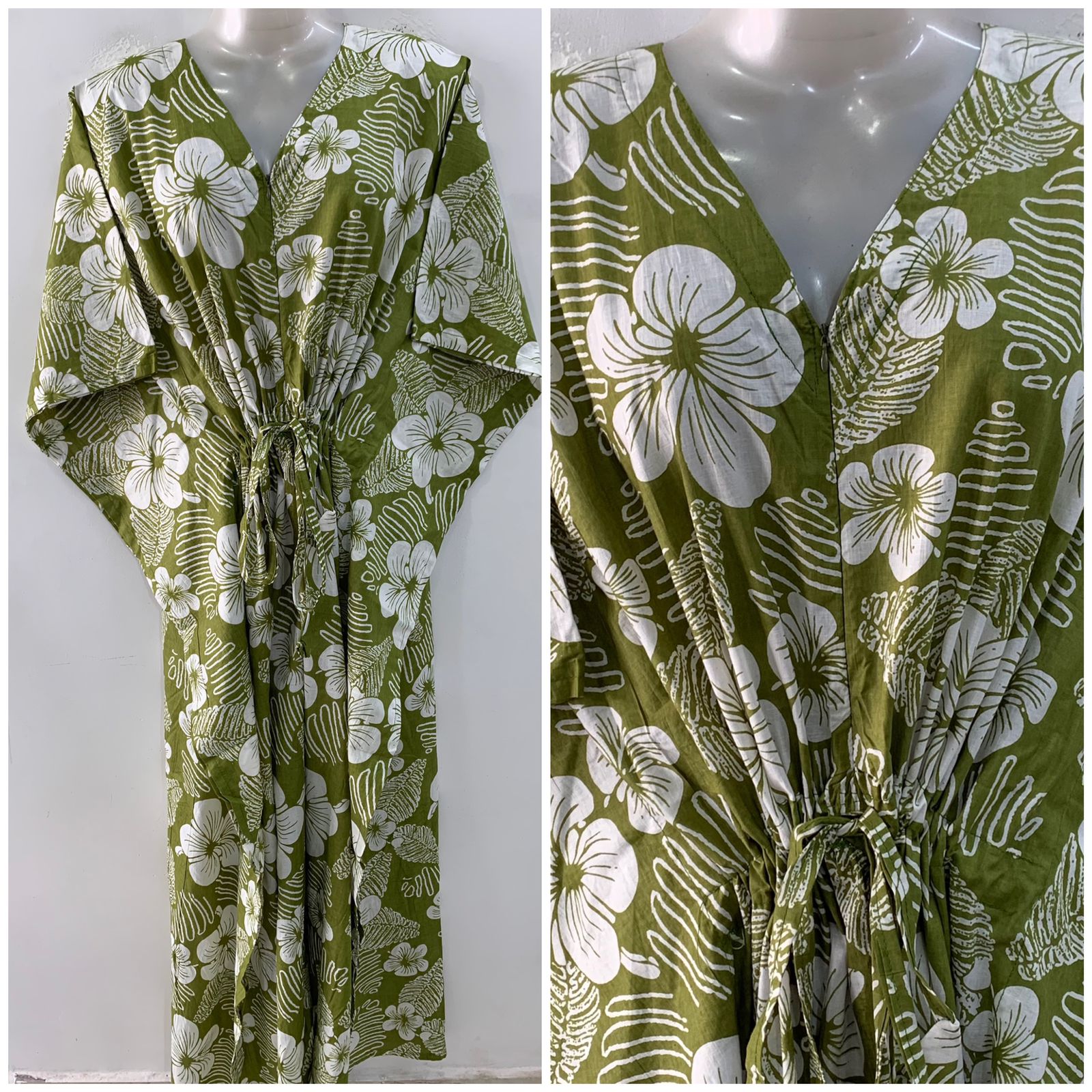 Green Shade String Hibiscus Flower Print Cotton Maternity Kaftan