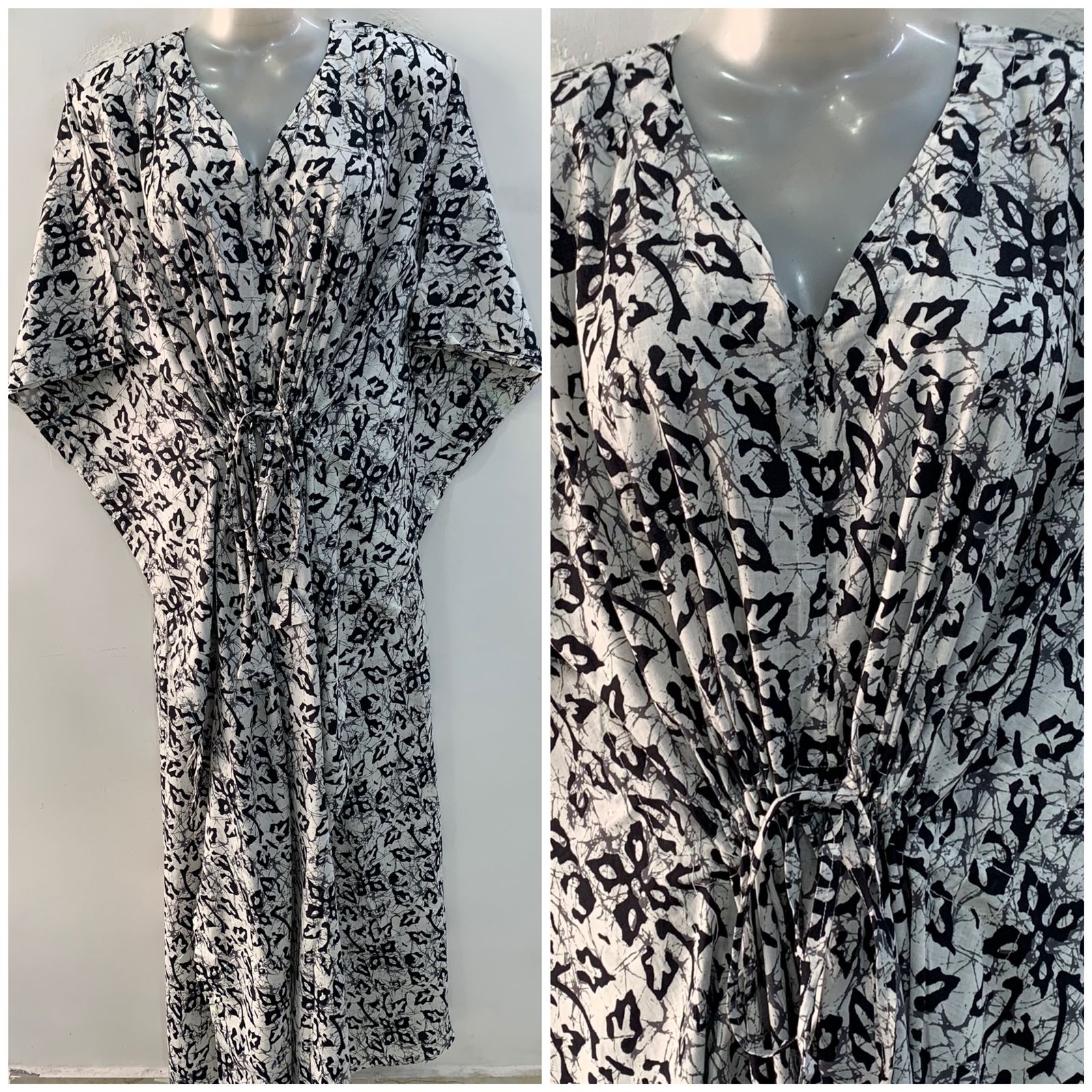 White Shade Black Abstract Leafy Print Cotton Maternity Kaftan