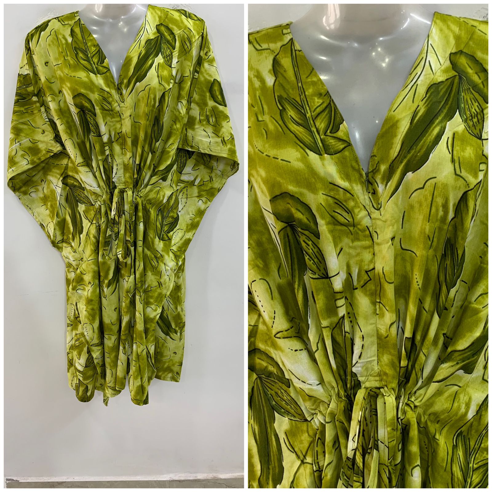 Olive Green shade Big Leafy Abstract Print Mid-Length Rayon Maternity Kaftan Dress