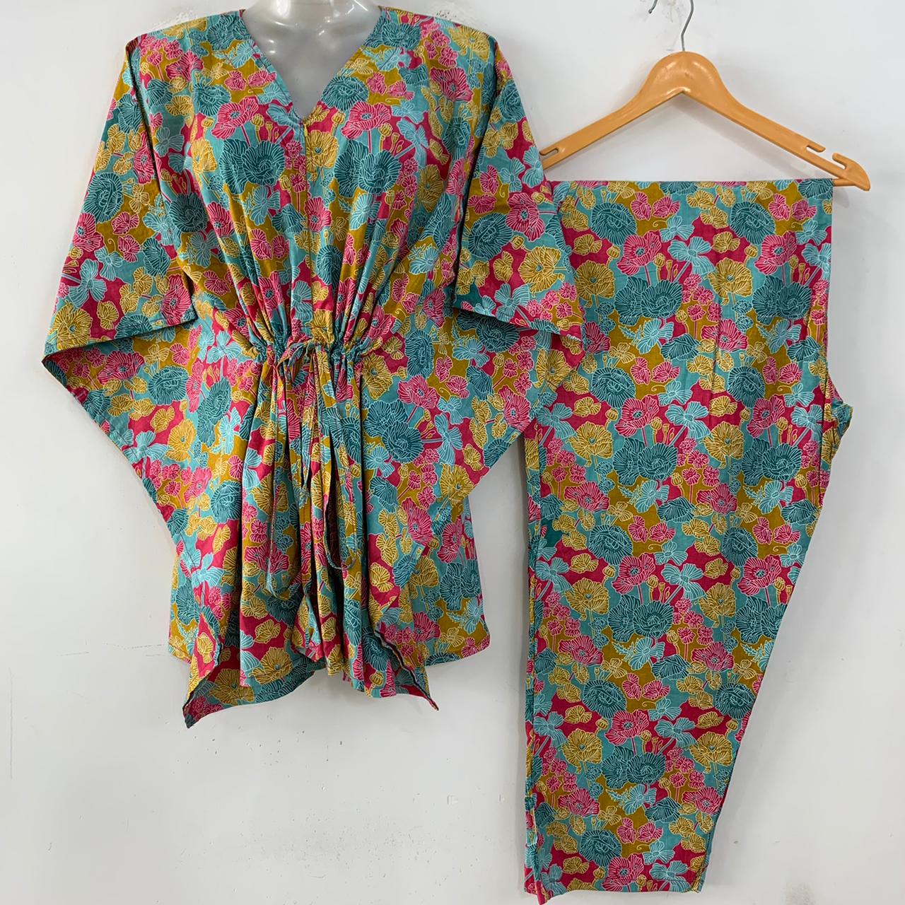 Blue- Pink small Digital Flower Garden Print Cotton Maternity Kaftan Co-Ord Set