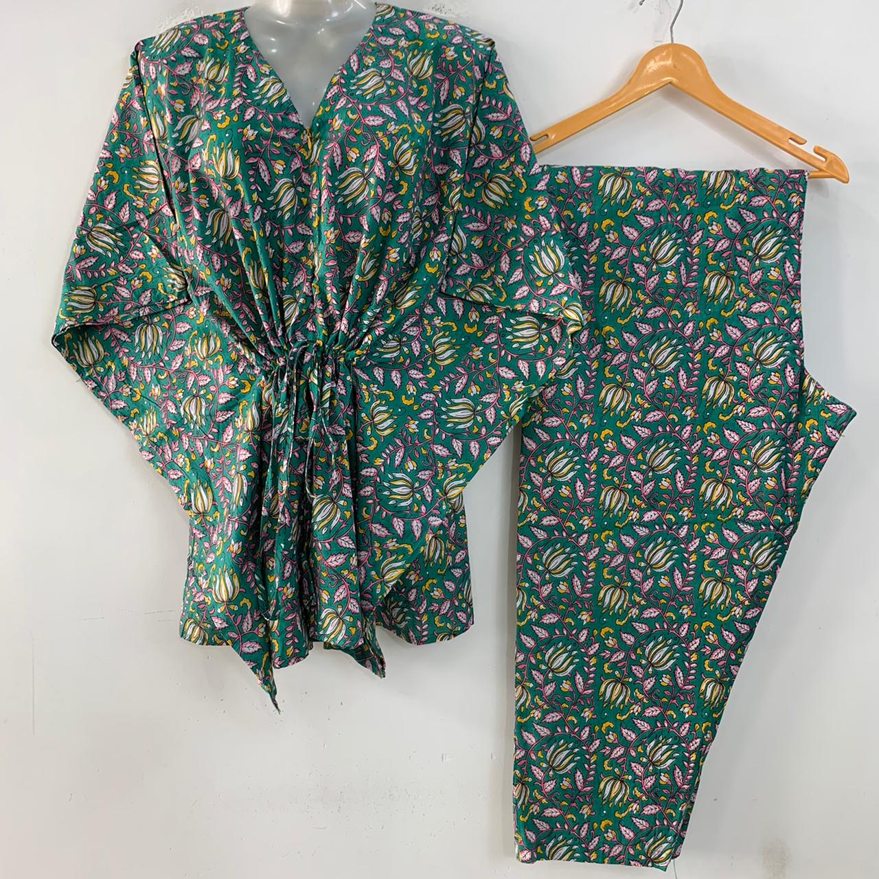Green shade Yellow lotus Bale Print Cotton Maternity Kaftan Co-Ord Set