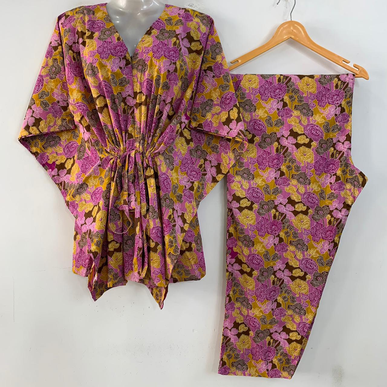 Yellow- Purple Small Digital Flower Print Cotton Maternity Kaftan Co-Ord Set