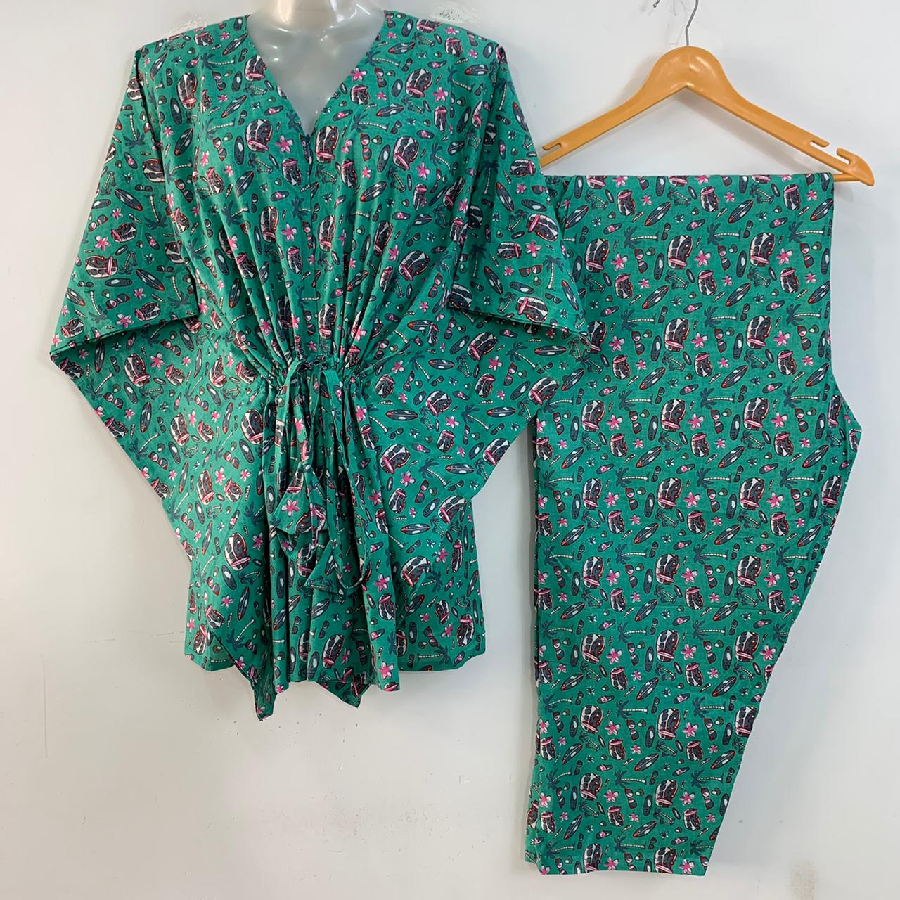 Seagreen shade Coastal Print Cotton Maternity Kaftan Co-Ord Set