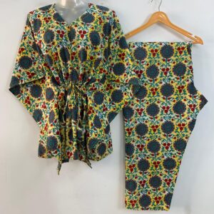 Yellow shade Blue Mandala Print Cotton Maternity Kaftan Co-Ord Set