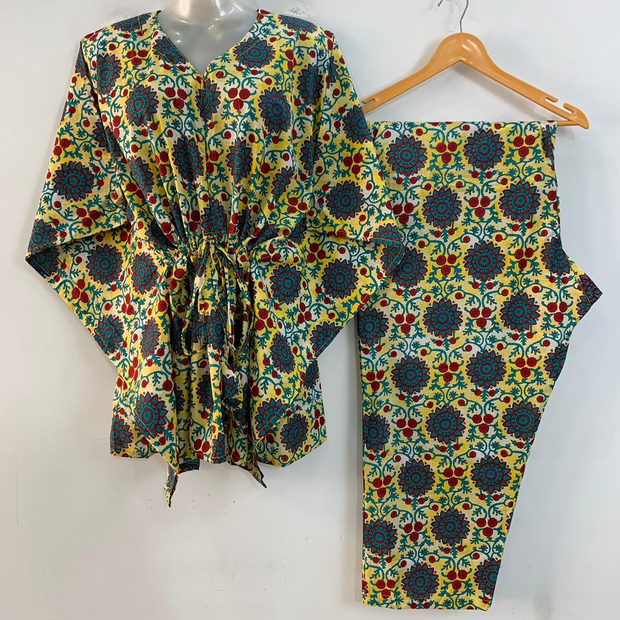 Yellow shade Blue Mandala Print Cotton Maternity Kaftan Co-Ord Set