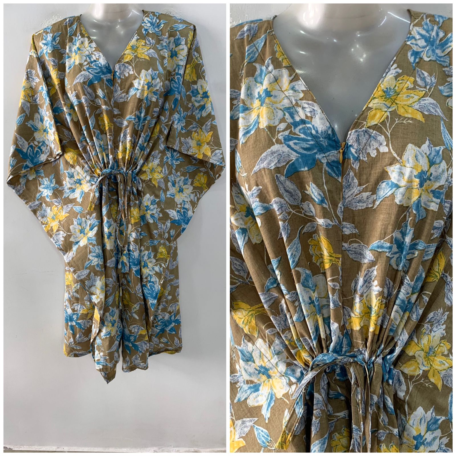 Slate Brown shade Yellow-Blue Morning Glory Print Mid-Length Cotton Maternity Kaftan Dress