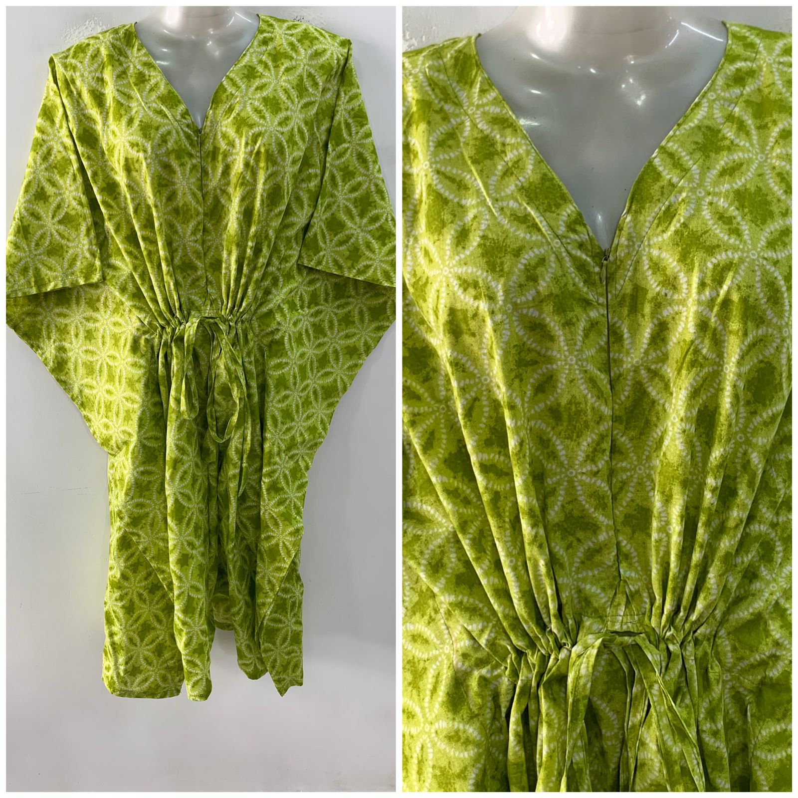 Lime Green Shade Dotted Flower Print Mid-Length Cotton Maternity Kaftan Dress