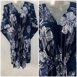 Dark Blue Shade Pumpkin Flower Print Mid-Length Cotton Maternity Kaftan Dress